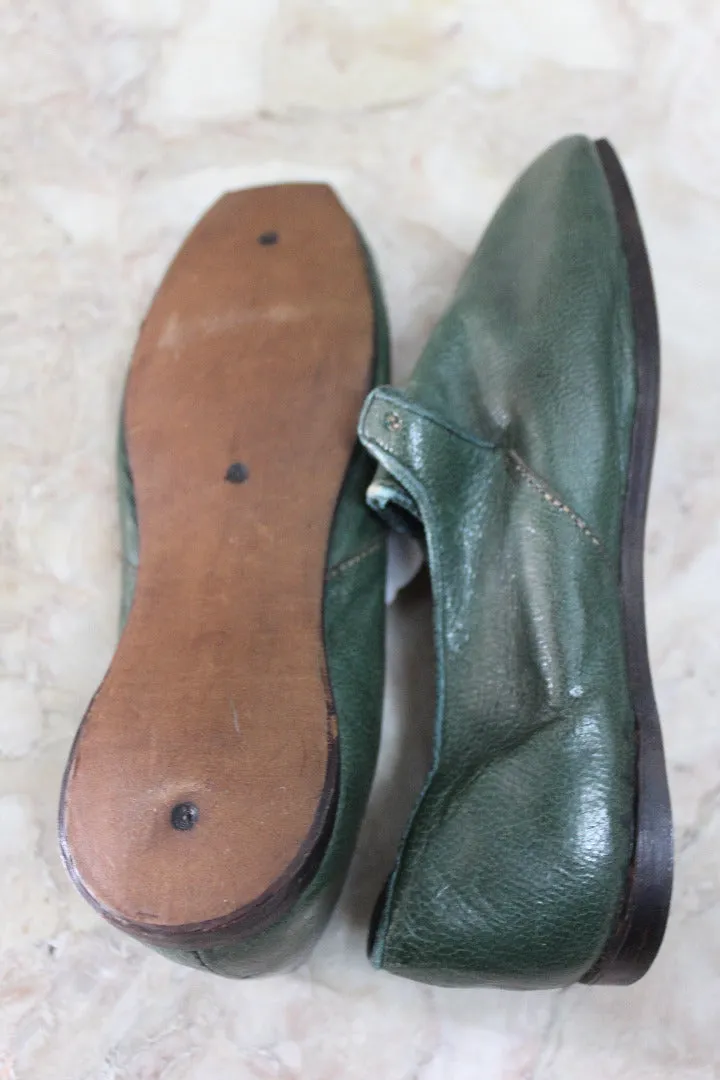 Pair Childs Hand Made Green Leather Shoes