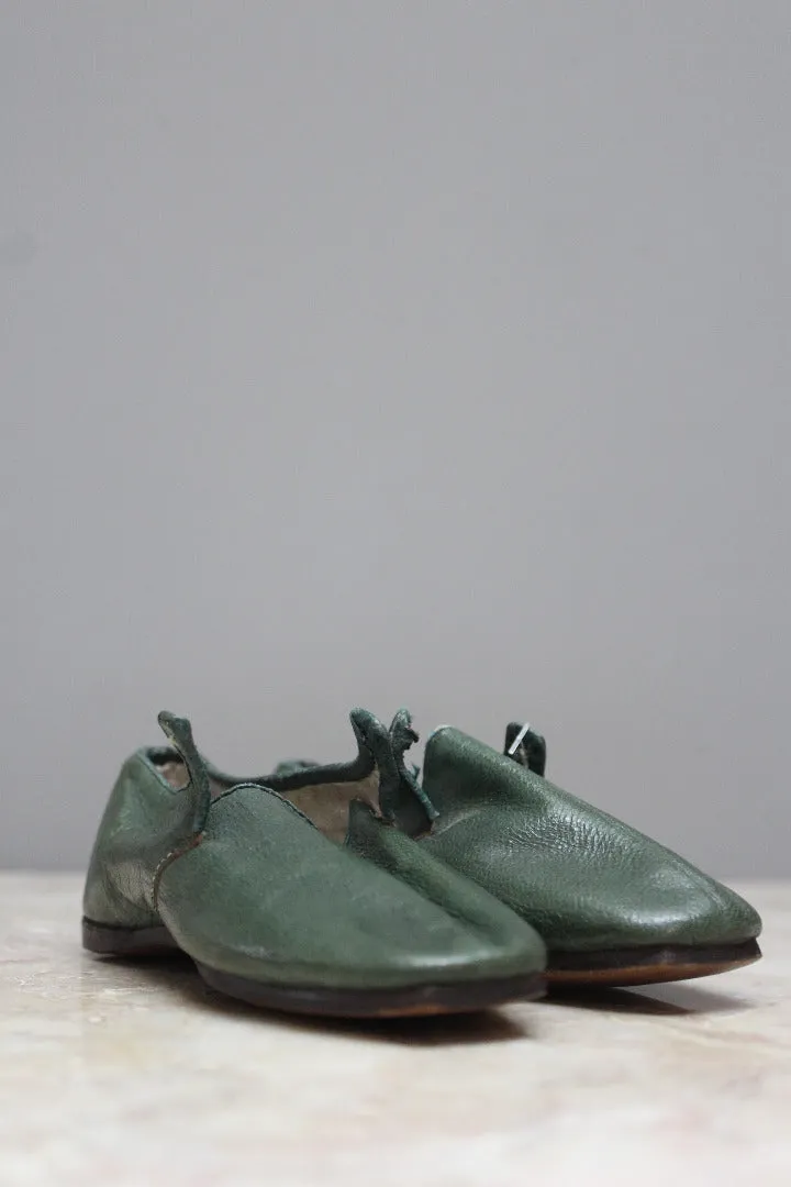 Pair Childs Hand Made Green Leather Shoes