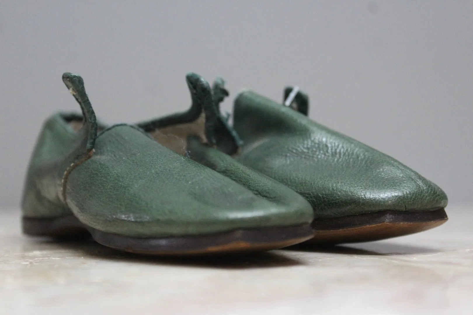 Pair Childs Hand Made Green Leather Shoes