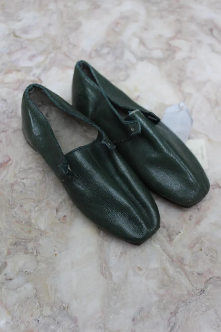 Pair Childs Hand Made Green Leather Shoes