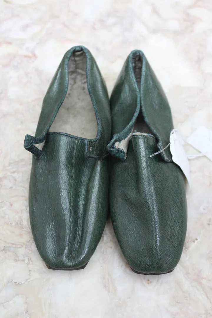 Pair Childs Hand Made Green Leather Shoes