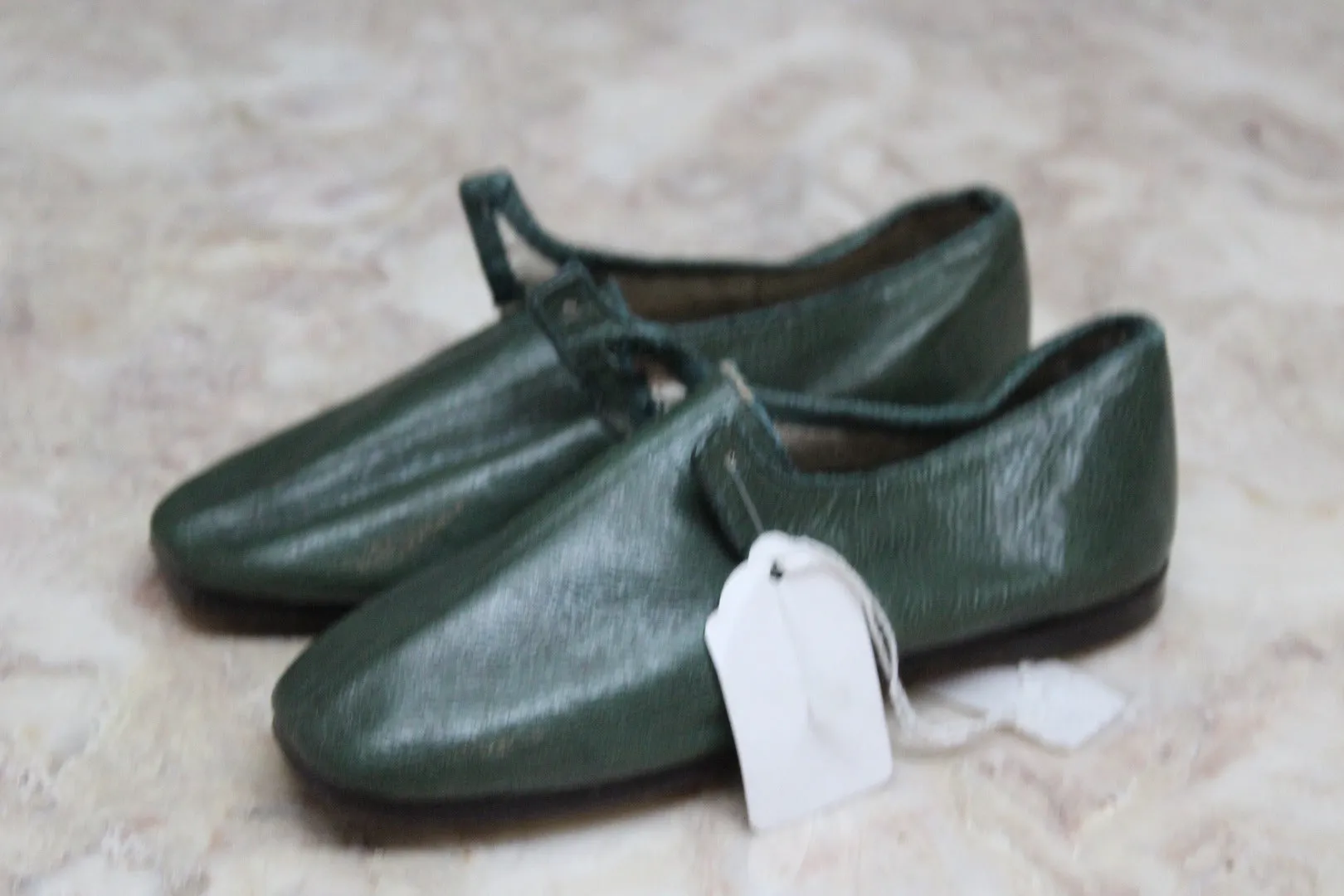 Pair Childs Hand Made Green Leather Shoes