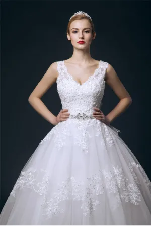 Pretty V-neck White Lace Ball Gown Wedding Dresses With Beaded Belt PFW0285