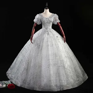 Puffed Sleeve Silver Sparkle Tulle Ball Gown Dress