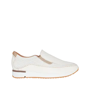 Pure white leather sneakers with embossed elastic detailing