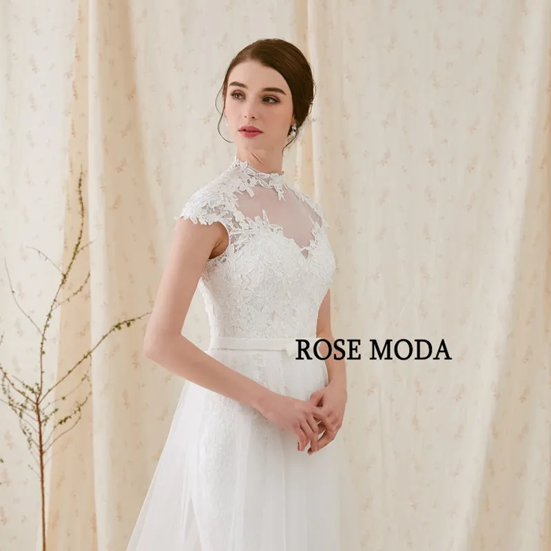 Rosemoda Custom Made Sheath Short Sleeve Elegant Bridal Gown With Key Hole Back