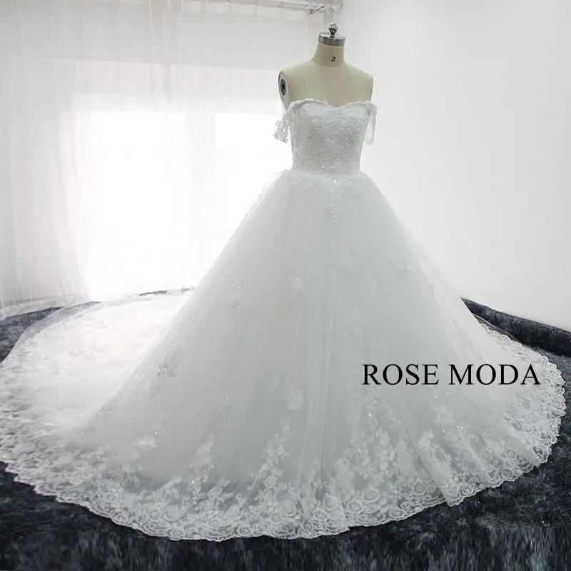 Rosemoda Off the Shoulder 3d Lace Ball Gown Wedding Dress With Royal Train