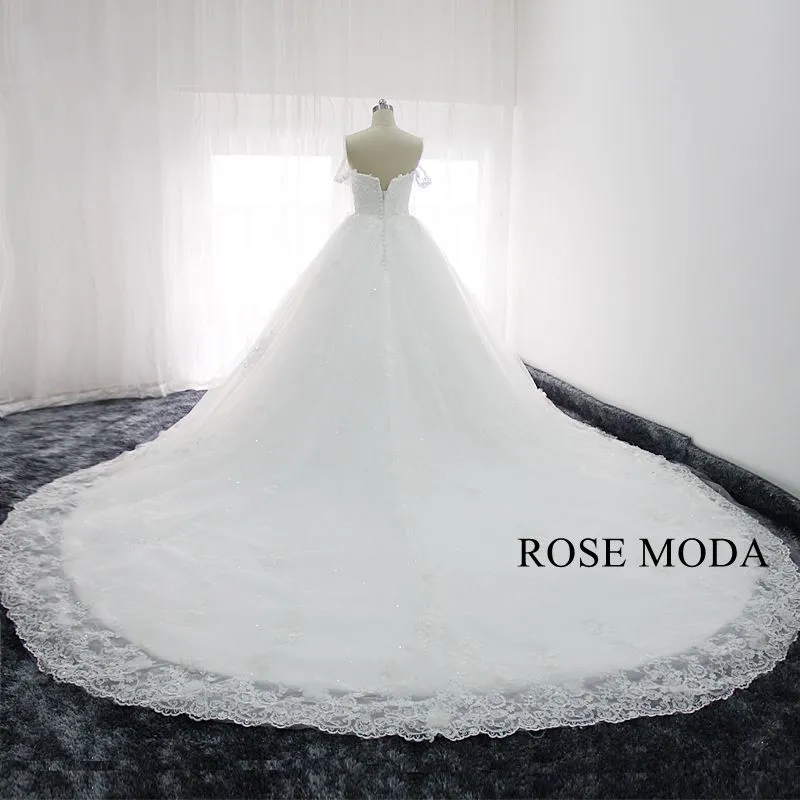 Rosemoda Off the Shoulder 3d Lace Ball Gown Wedding Dress With Royal Train