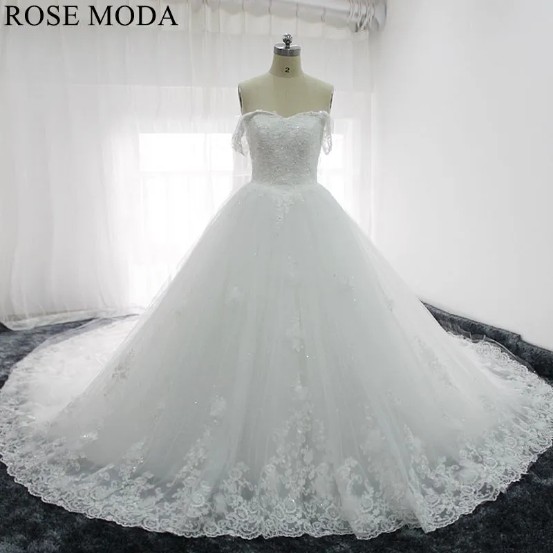 Rosemoda Off the Shoulder 3d Lace Ball Gown Wedding Dress With Royal Train