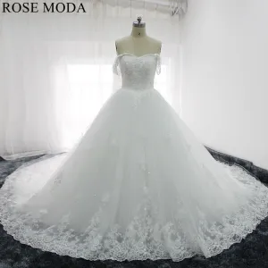 Rosemoda Off the Shoulder 3d Lace Ball Gown Wedding Dress With Royal Train