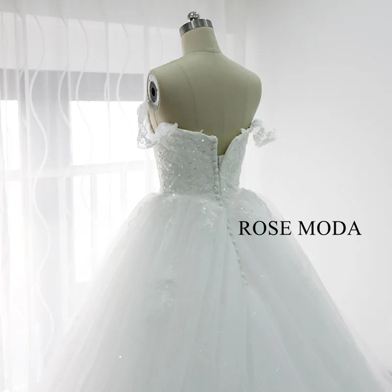 Rosemoda Off the Shoulder 3d Lace Ball Gown Wedding Dress With Royal Train