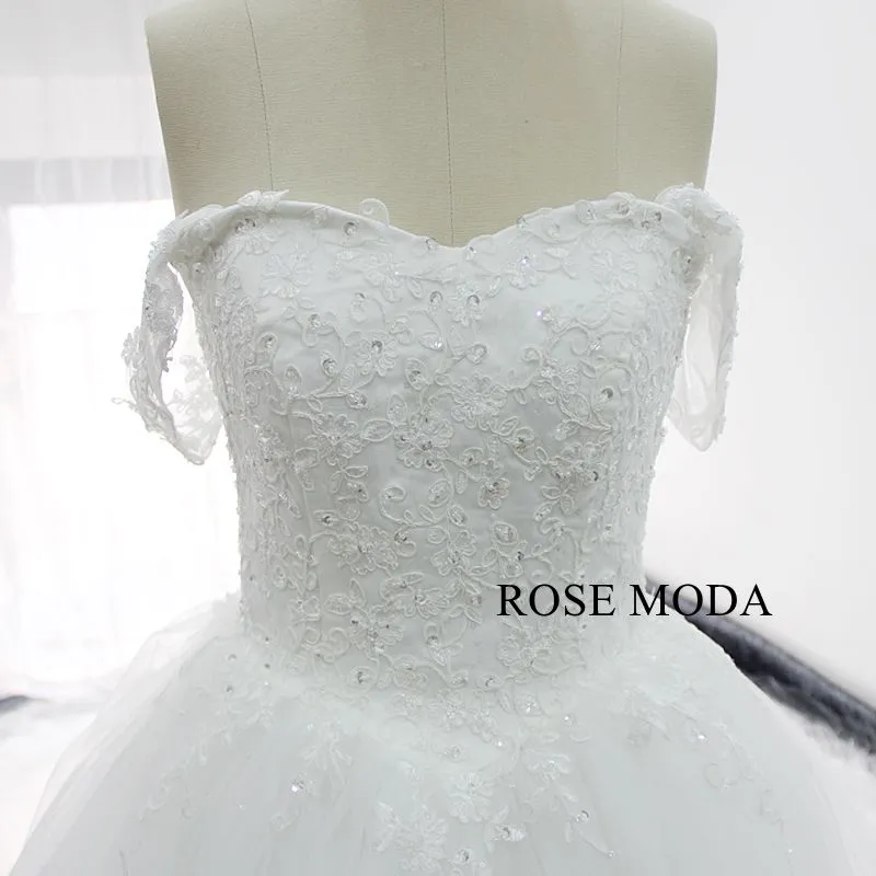 Rosemoda Off the Shoulder 3d Lace Ball Gown Wedding Dress With Royal Train