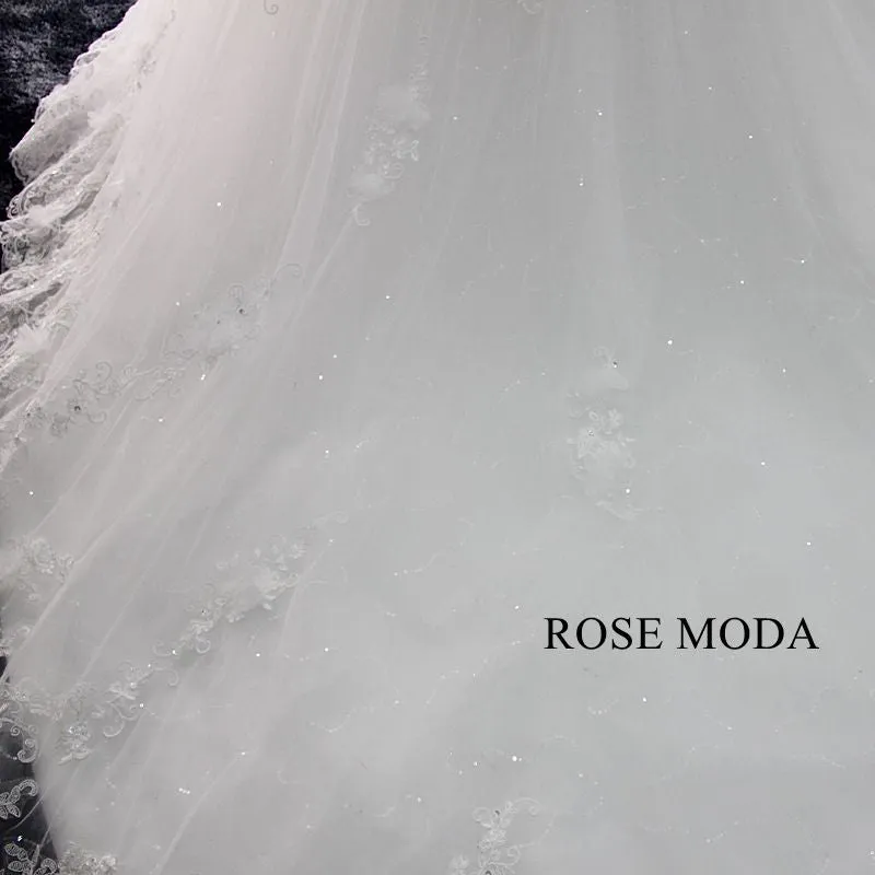 Rosemoda Off the Shoulder 3d Lace Ball Gown Wedding Dress With Royal Train