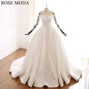 Rosemoda Three Quarter Sleeve Lace Satin Ball Gown Wedding Dress