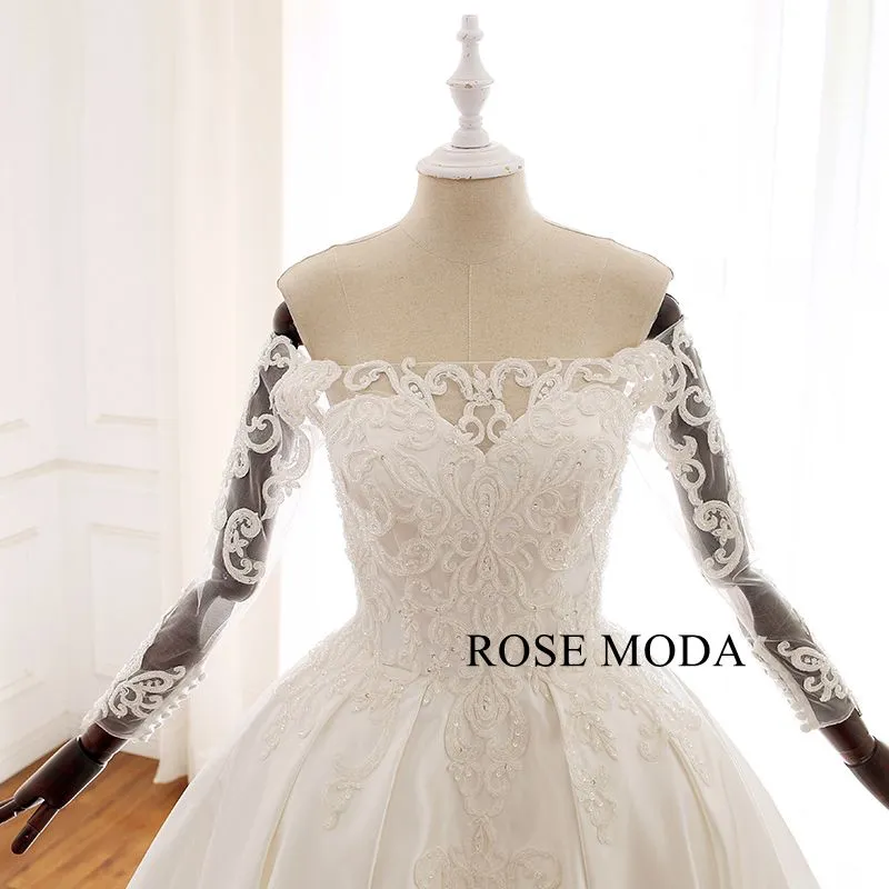 Rosemoda Three Quarter Sleeve Lace Satin Ball Gown Wedding Dress
