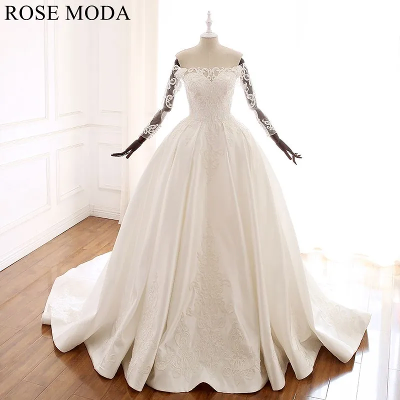 Rosemoda Three Quarter Sleeve Lace Satin Ball Gown Wedding Dress