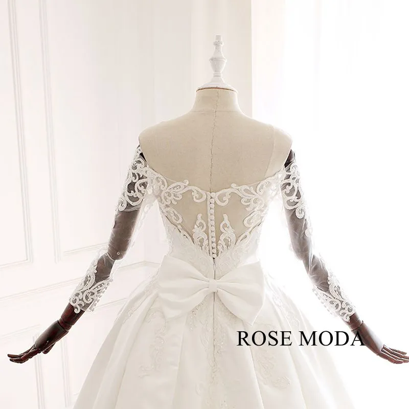 Rosemoda Three Quarter Sleeve Lace Satin Ball Gown Wedding Dress