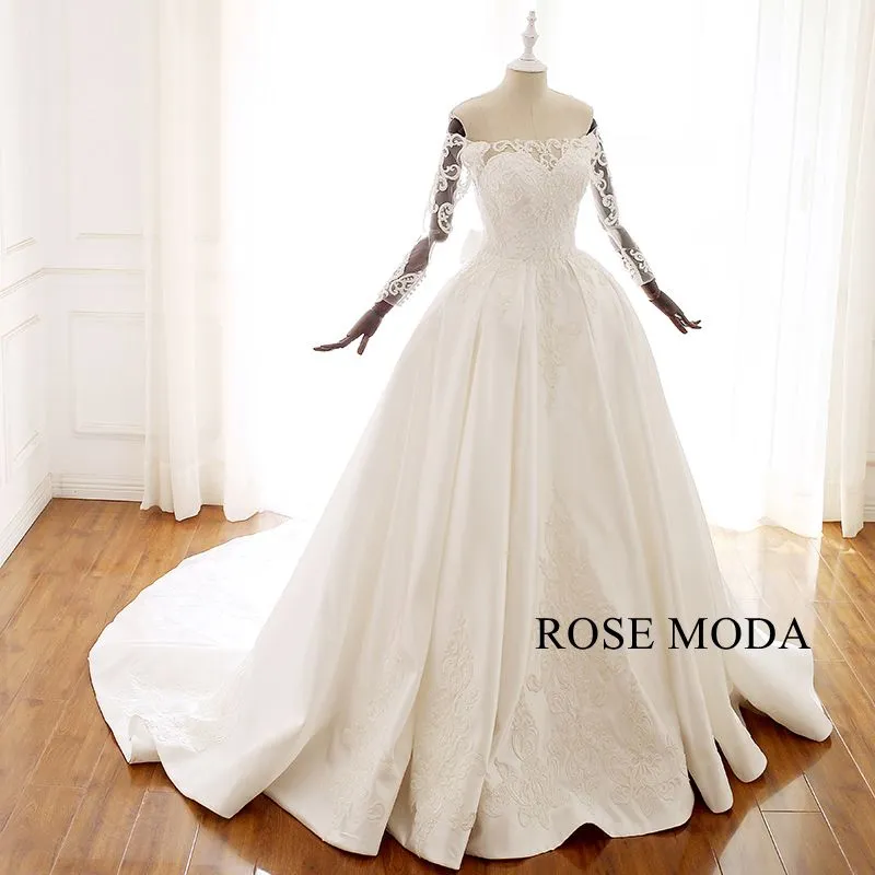 Rosemoda Three Quarter Sleeve Lace Satin Ball Gown Wedding Dress