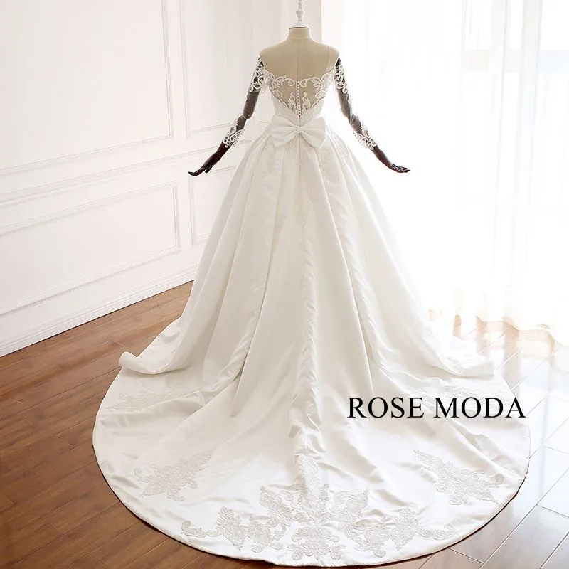 Rosemoda Three Quarter Sleeve Lace Satin Ball Gown Wedding Dress