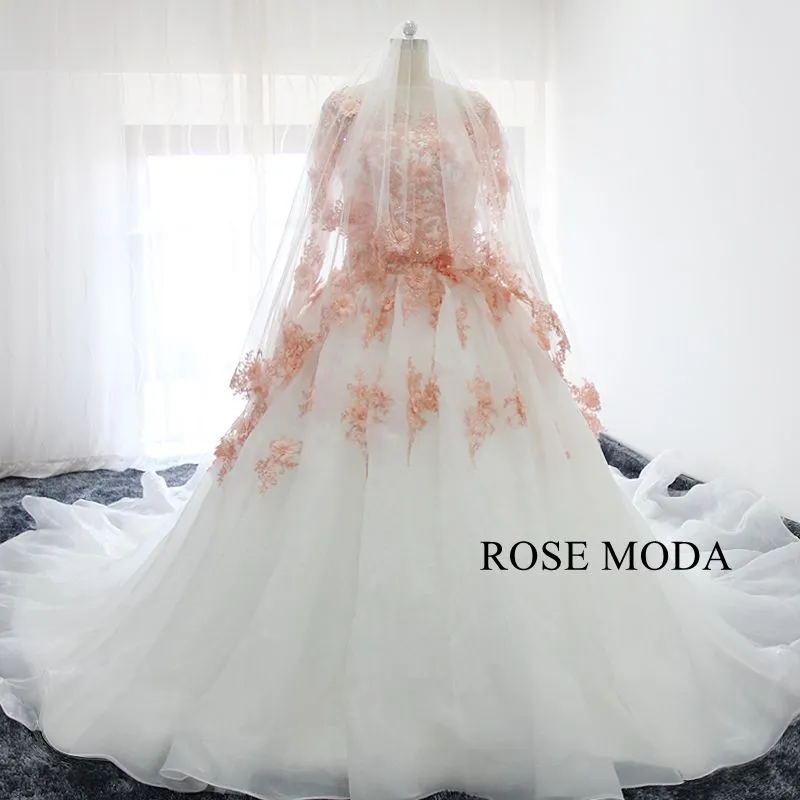Rosemoda White and Pink Ball Gown Wedding Dress With Removable Bolero