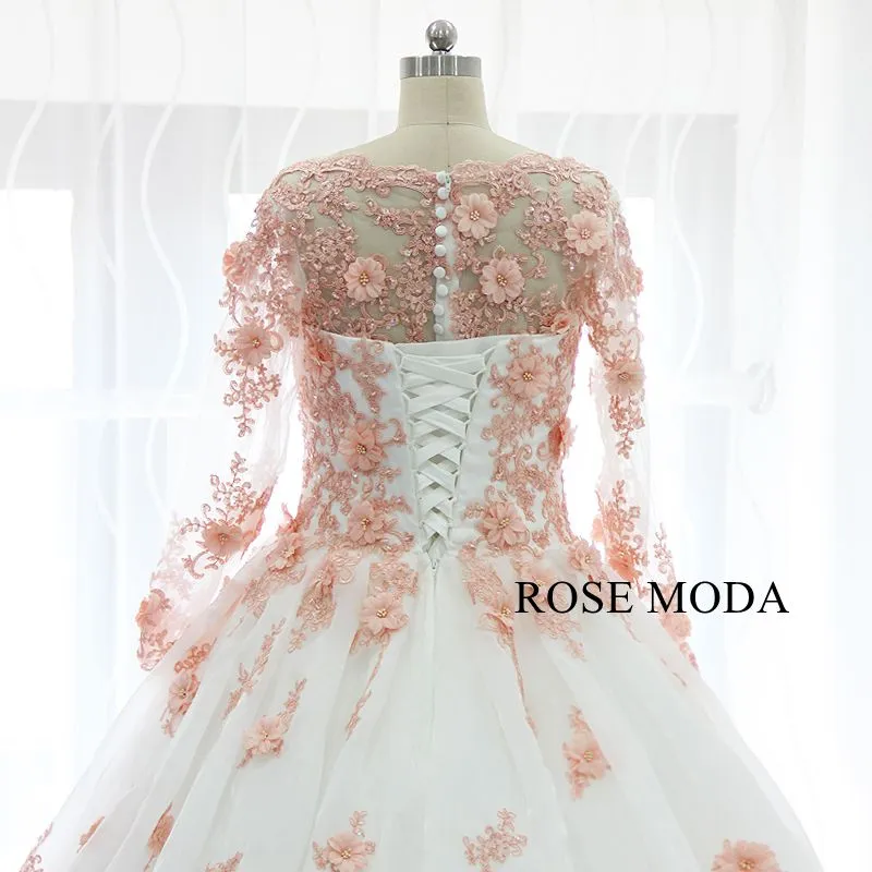 Rosemoda White and Pink Ball Gown Wedding Dress With Removable Bolero