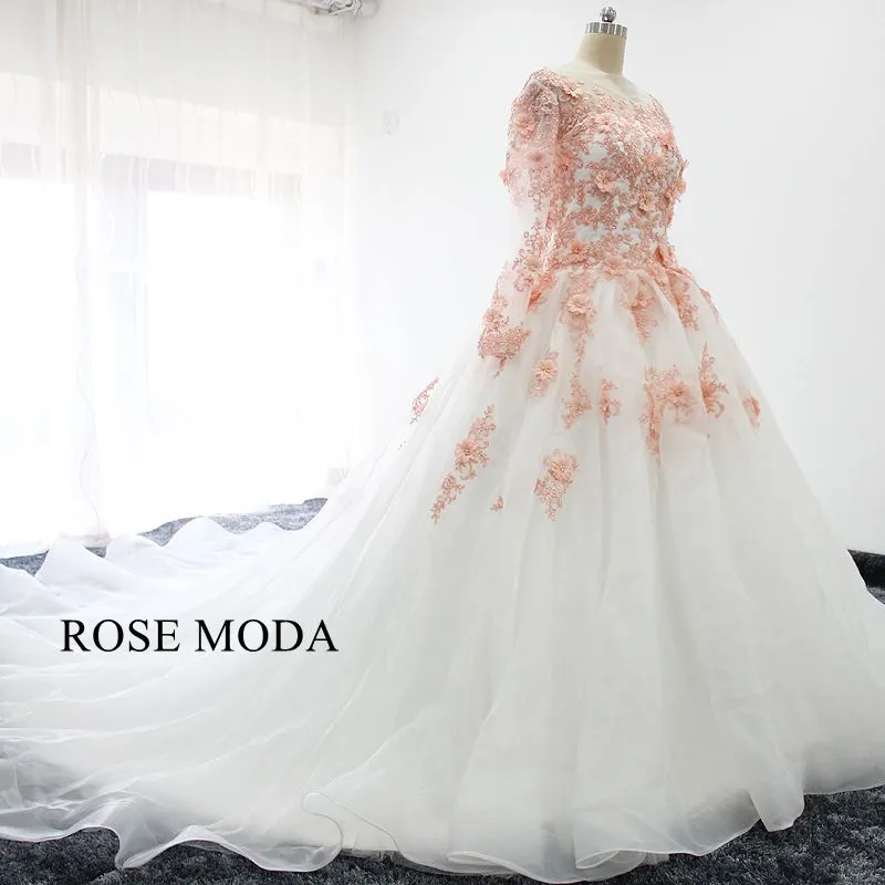 Rosemoda White and Pink Ball Gown Wedding Dress With Removable Bolero