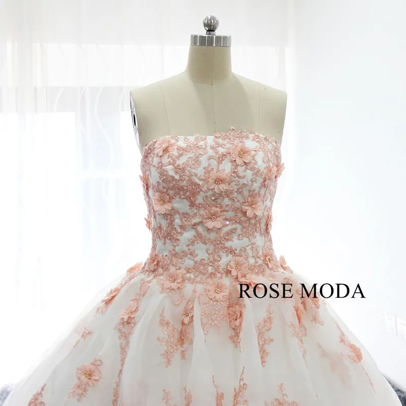 Rosemoda White and Pink Ball Gown Wedding Dress With Removable Bolero