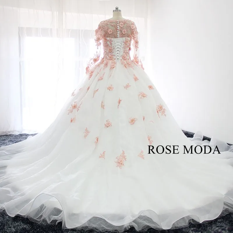 Rosemoda White and Pink Ball Gown Wedding Dress With Removable Bolero