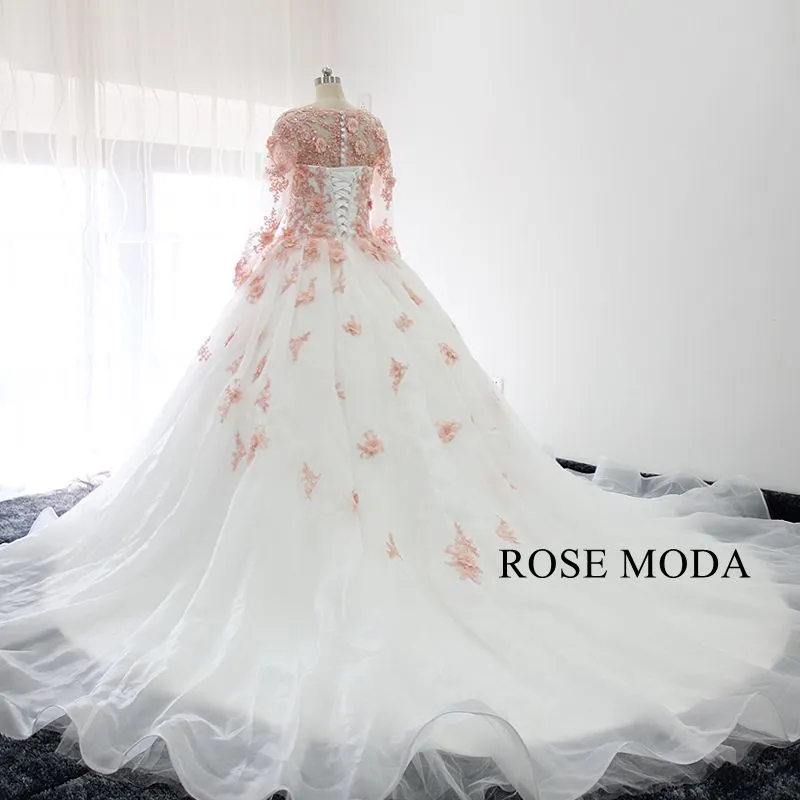 Rosemoda White and Pink Ball Gown Wedding Dress With Removable Bolero