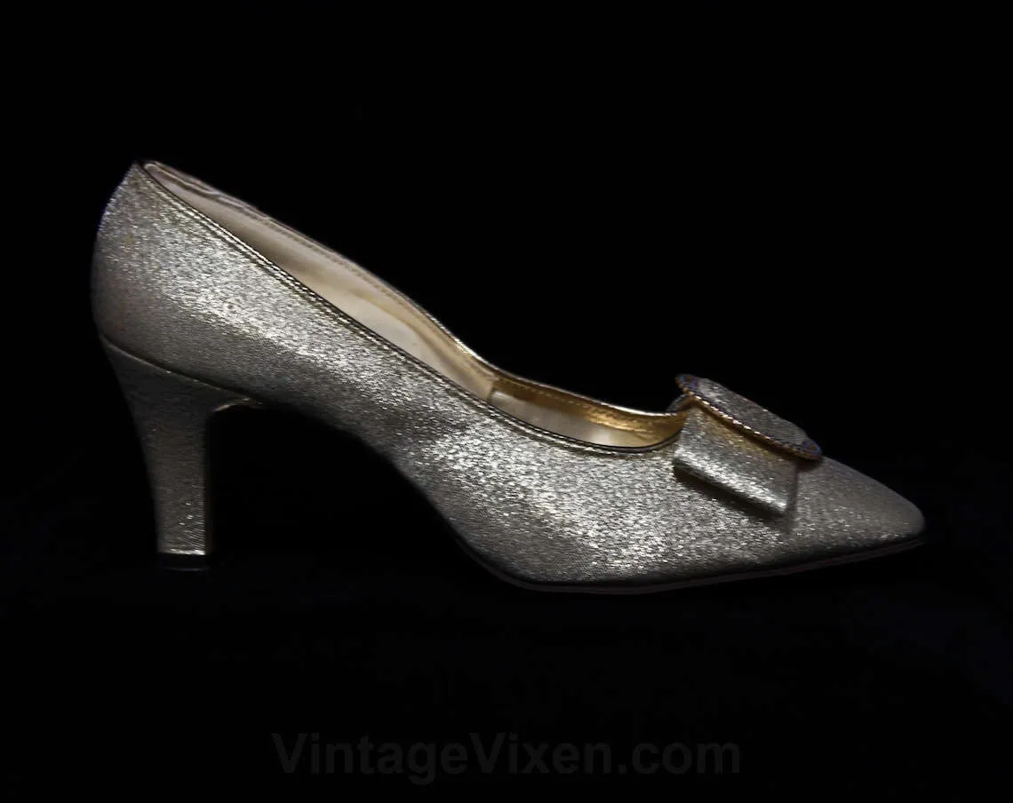 Size 5.5 1960s Gold Brocade Pumps - Cocktail Shoes - 60s 5 1/2 M Evening Heels - Metallic Gold - Buckled Bow - Unworn Deadstock - 45337-2