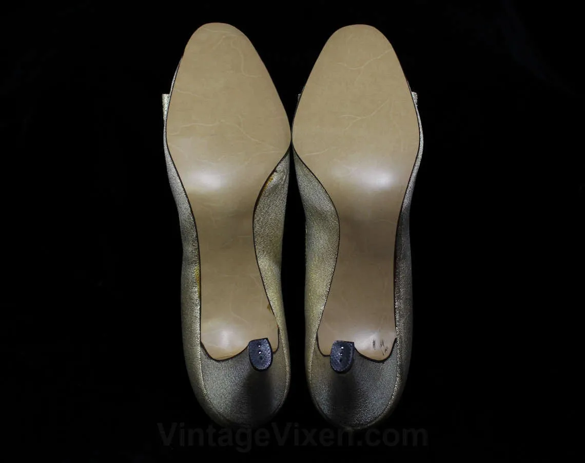 Size 5.5 1960s Gold Brocade Pumps - Cocktail Shoes - 60s 5 1/2 M Evening Heels - Metallic Gold - Buckled Bow - Unworn Deadstock - 45337-2