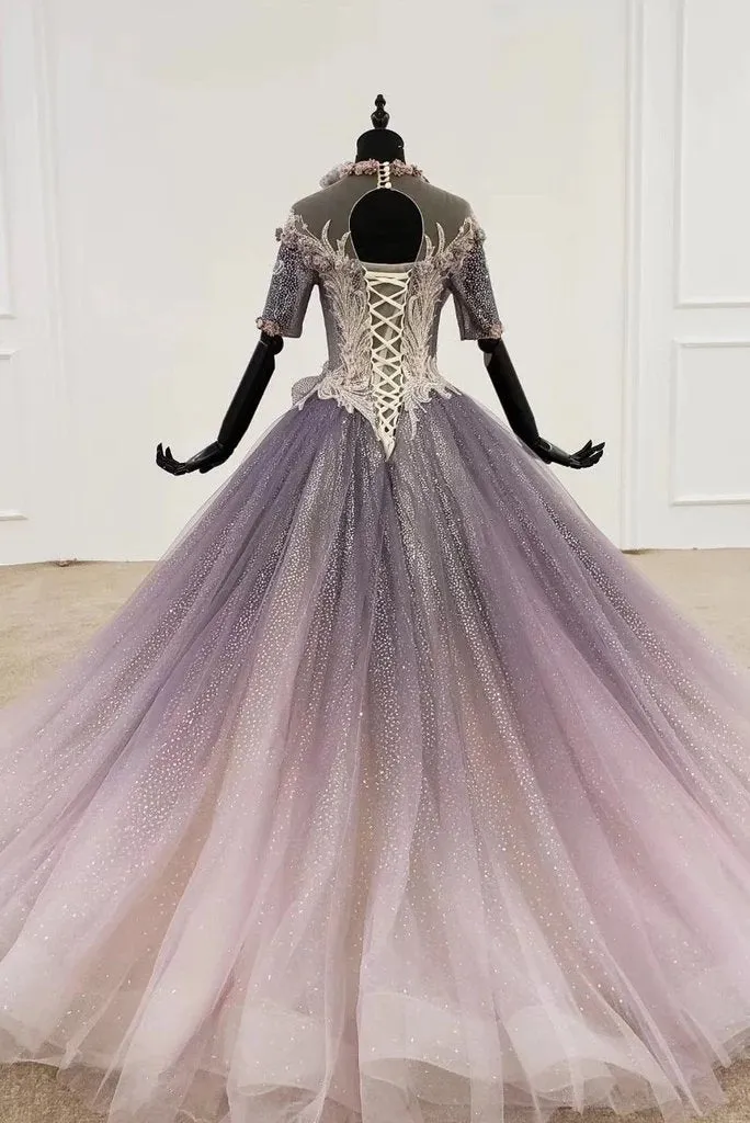 Sparkly Ball Gown Half Sleeves Wedding Dress With Flowers, Gorgeous Princess Prom Dress N2548