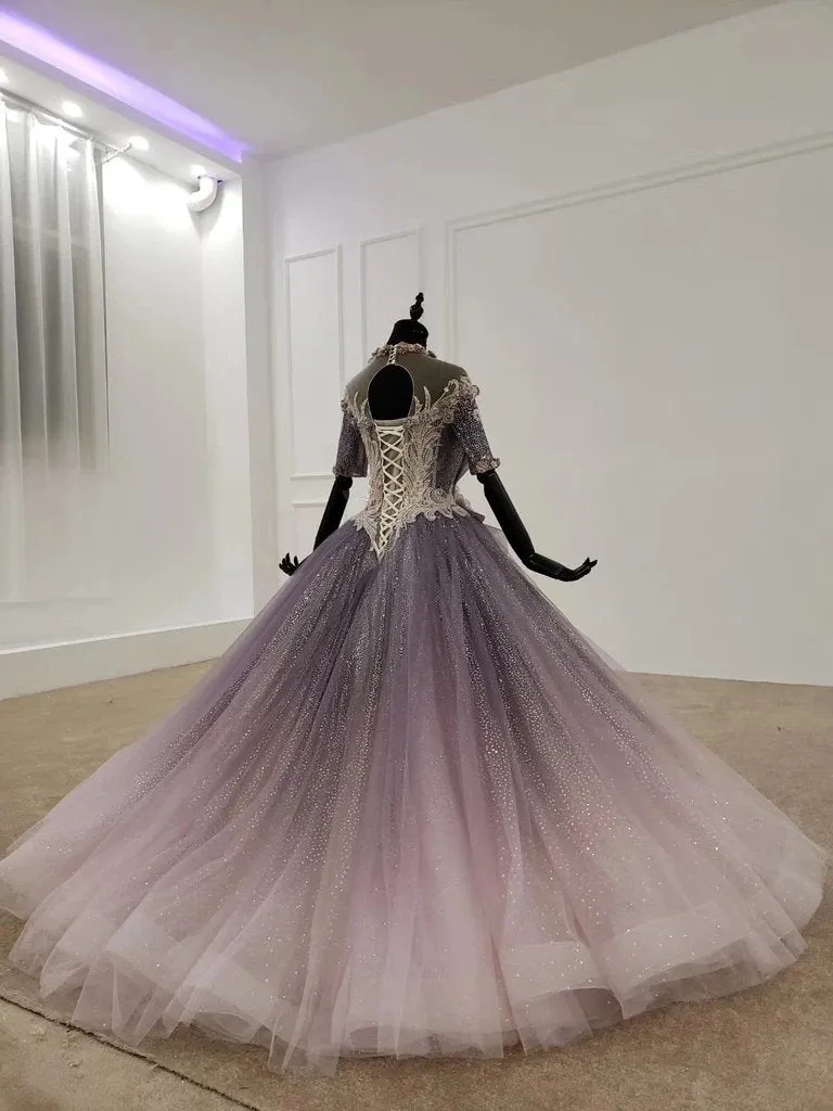 Sparkly Ball Gown Half Sleeves Wedding Dress With Flowers, Gorgeous Princess Prom Dress N2548