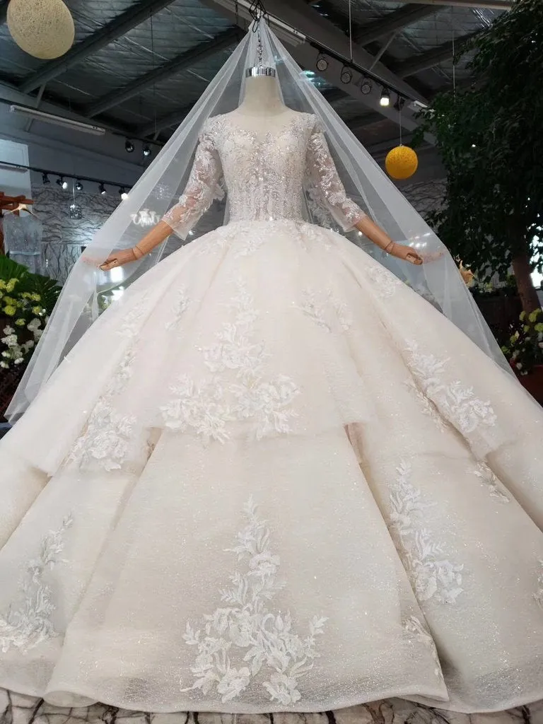 Sparkly Gorgeous Scoop Ball Gown Wedding Dress 3/4 Sleeves Wedding Gown N1629