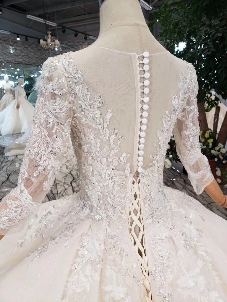 Sparkly Gorgeous Scoop Ball Gown Wedding Dress 3/4 Sleeves Wedding Gown N1629