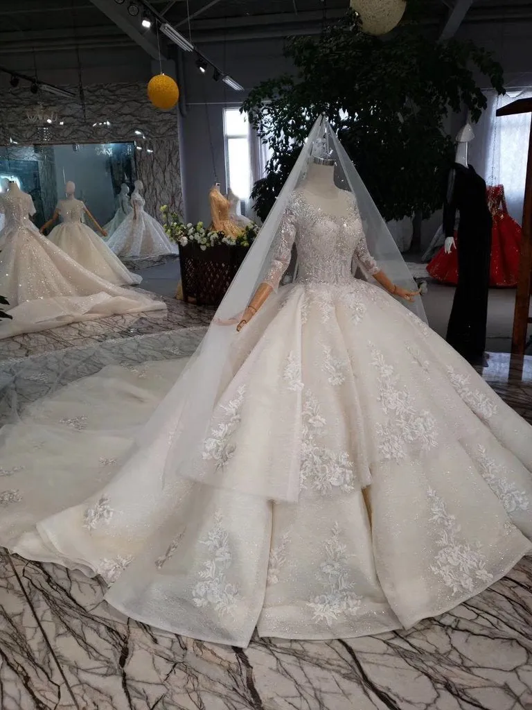 Sparkly Gorgeous Scoop Ball Gown Wedding Dress 3/4 Sleeves Wedding Gown N1629