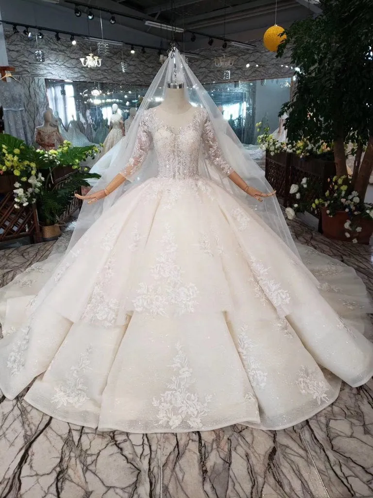 Sparkly Gorgeous Scoop Ball Gown Wedding Dress 3/4 Sleeves Wedding Gown N1629
