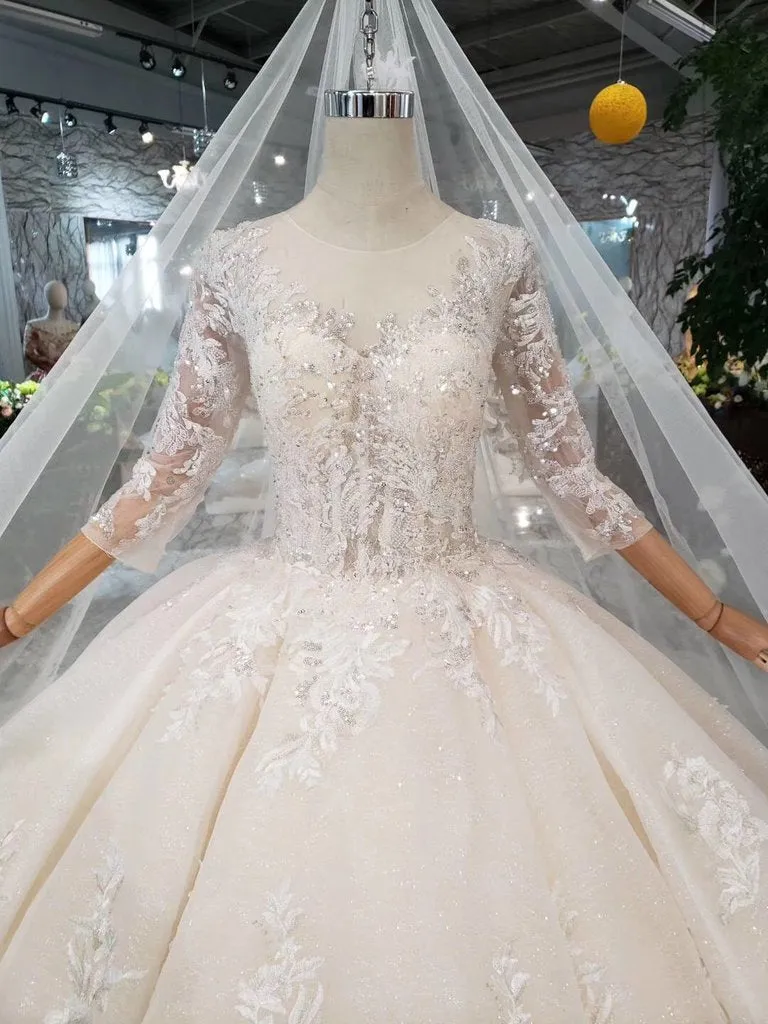 Sparkly Gorgeous Scoop Ball Gown Wedding Dress 3/4 Sleeves Wedding Gown N1629