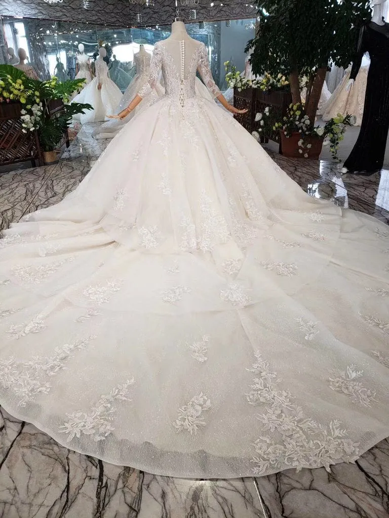 Sparkly Gorgeous Scoop Ball Gown Wedding Dress 3/4 Sleeves Wedding Gown N1629