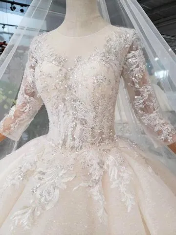 Sparkly Gorgeous Scoop Ball Gown Wedding Dress 3/4 Sleeves Wedding Gown N1629