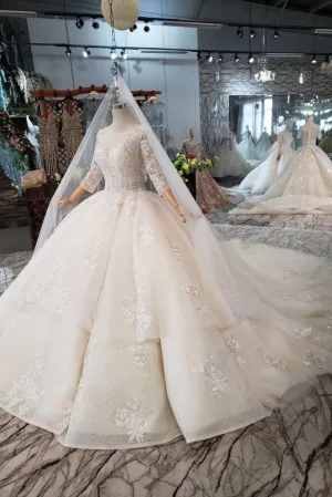 Sparkly Gorgeous Scoop Ball Gown Wedding Dress 3/4 Sleeves Wedding Gown N1629