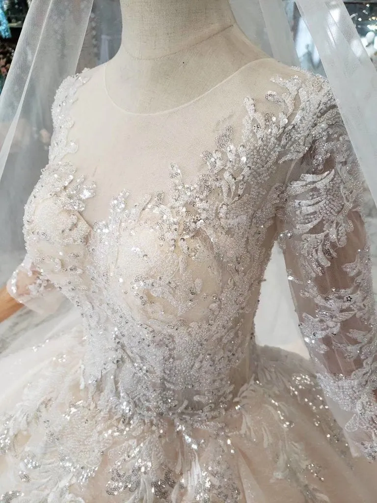 Sparkly Gorgeous Scoop Ball Gown Wedding Dress 3/4 Sleeves Wedding Gown N1629