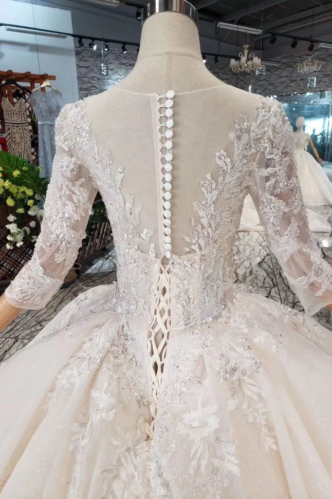 Sparkly Gorgeous Scoop Ball Gown Wedding Dress 3/4 Sleeves Wedding Gown N1629