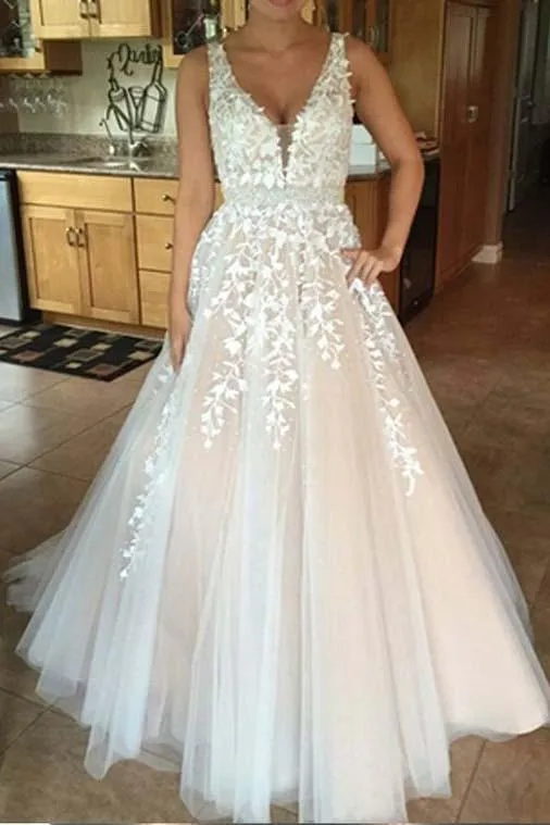 V neck Tulle Lace Long Wedding Dress,Tulle Ball Gown Prom Dress With Appliques PFW0214