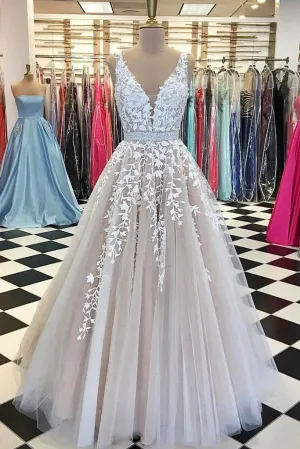V neck Tulle Lace Long Wedding Dress,Tulle Ball Gown Prom Dress With Appliques PFW0214