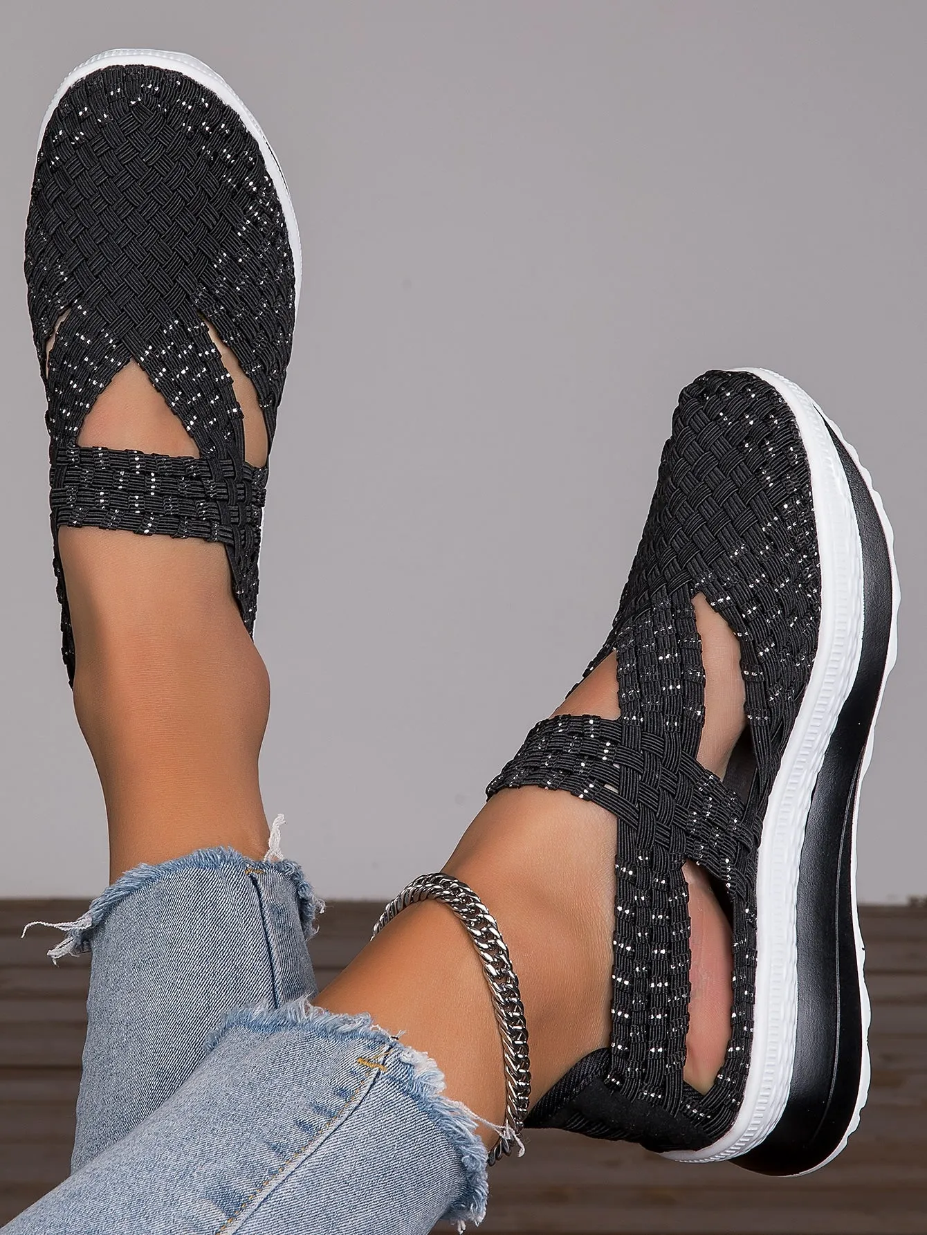 Women Geometric Pattern Cross Strap Wedge Sneakers, Sporty Outdoor Polyester Wedge Sneakers