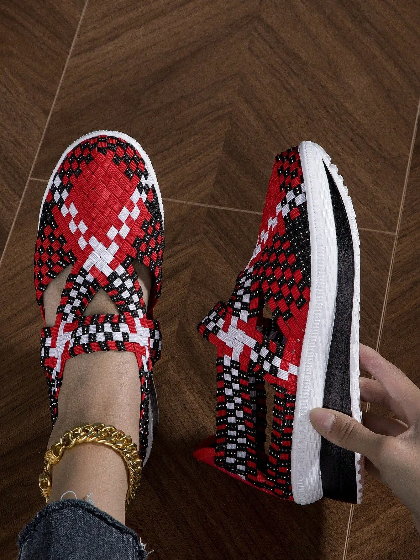 Women Geometric Pattern Cross Strap Wedge Sneakers, Sporty Outdoor Polyester Wedge Sneakers
