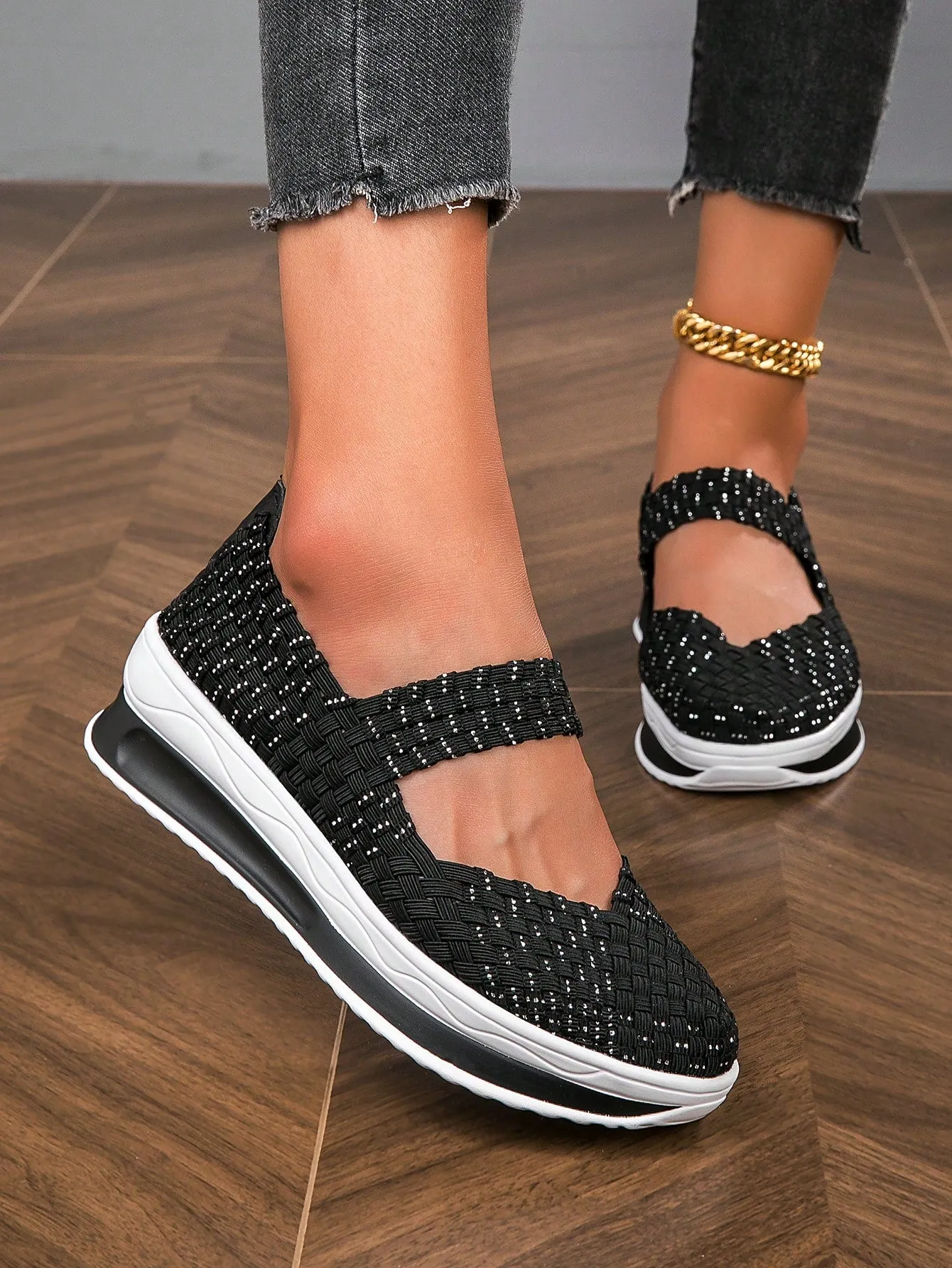 Women Geometric Pattern Cross Strap Wedge Sneakers, Sporty Outdoor Polyester Wedge Sneakers