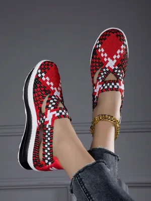 Women Geometric Pattern Cross Strap Wedge Sneakers, Sporty Outdoor Polyester Wedge Sneakers