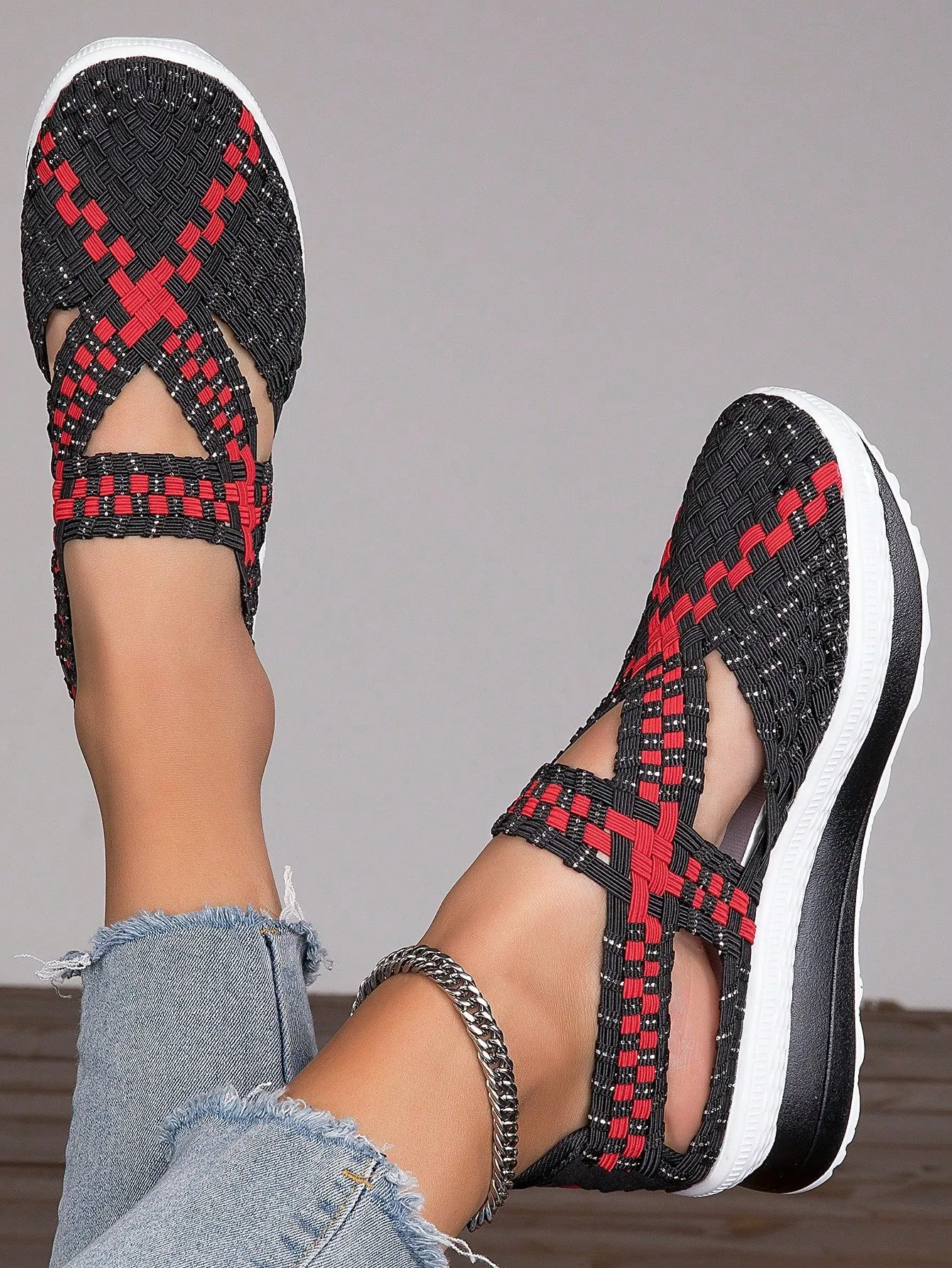 Women Geometric Pattern Cross Strap Wedge Sneakers, Sporty Outdoor Polyester Wedge Sneakers